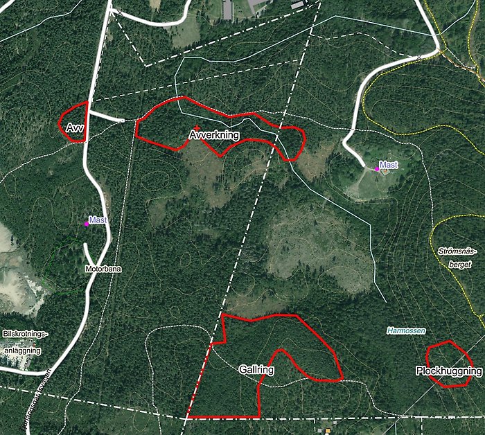 Karta där området på Kalkstensgården som berörs av skogsavverkning är markerat med rött.